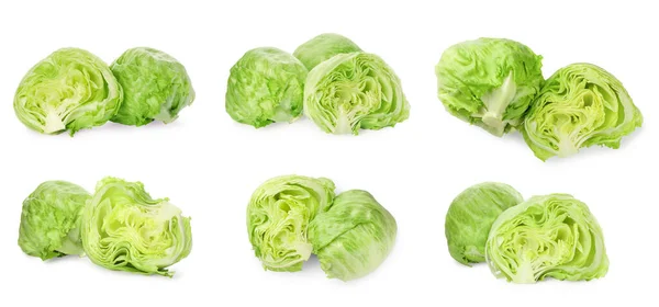 Collage Mit Frischen Salatköpfen Auf Weißem Hintergrund — Stockfoto