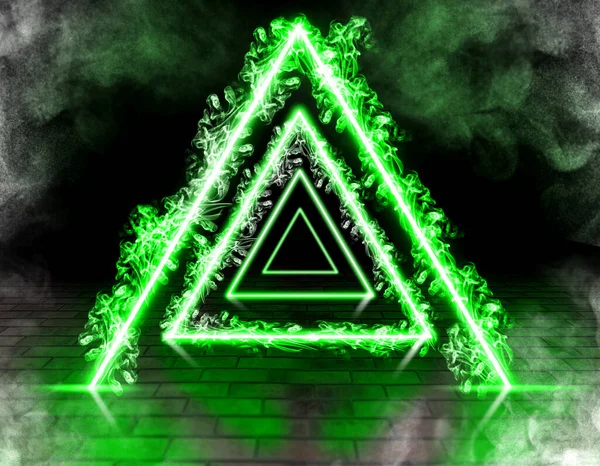 Neon Háromszögek Füst Szobában Tégla Padlóval — Stock Fotó