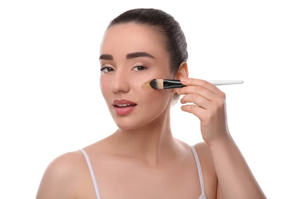 Woman Applying Foundation Face Brush White Background — Stock Photo, Image
