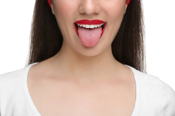 Vrouw Tonen Haar Tong Witte Achtergrond Closeup — Stockfoto