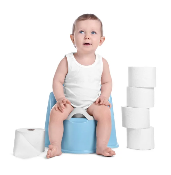 Little Child Sitting Baby Potty Stack Toilet Paper Rolls White — Stock Photo, Image