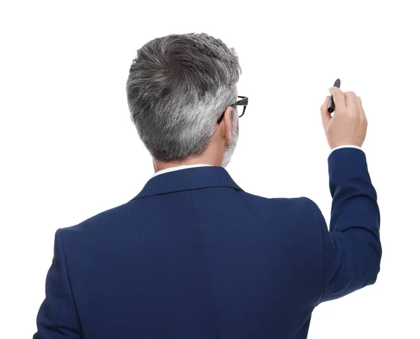 Mature businessman with marker on white background, back view
