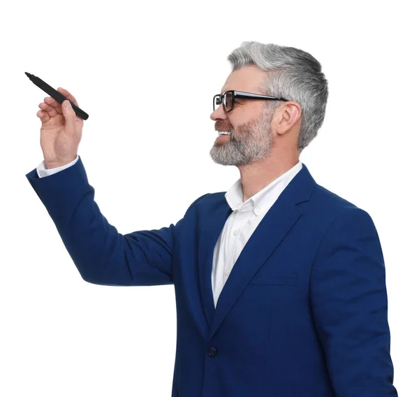 Mature businessman with marker on white background