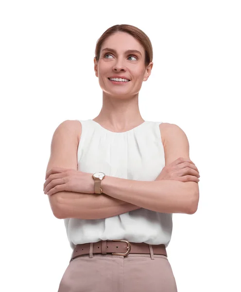 Schöne Glückliche Geschäftsfrau Die Die Arme Auf Weißem Hintergrund Kreuzt — Stockfoto
