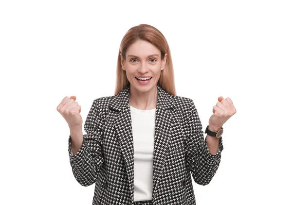 Schöne Aufgeregte Geschäftsfrau Anzug Auf Weißem Hintergrund — Stockfoto