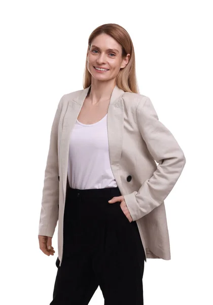 Retrato Bela Mulher Negócios Feliz Fundo Branco — Fotografia de Stock