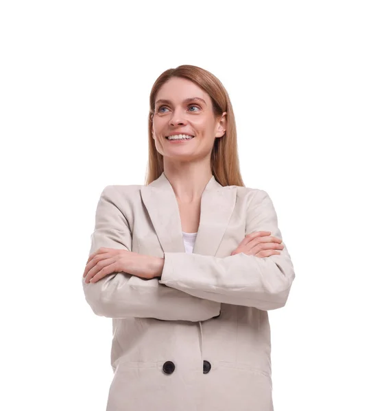 Beautiful Happy Businesswoman Crossing Arms White Background — Stock Photo, Image