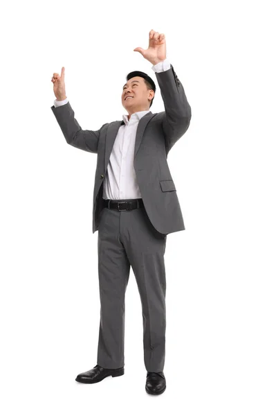 Geschäftsmann Anzug Posiert Auf Weißem Hintergrund Flache Sicht — Stockfoto