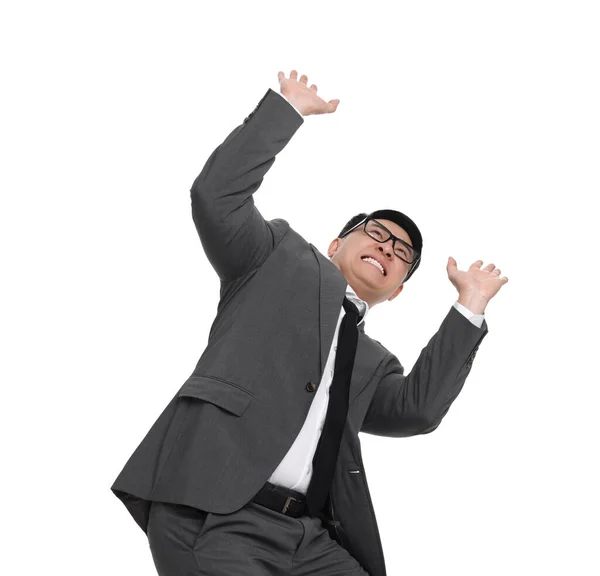 Scared Businessman Suit Posing White Background — Stock Photo, Image