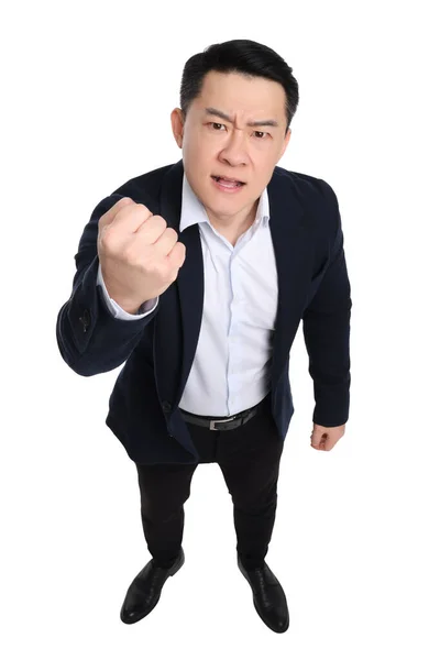 Wütender Geschäftsmann Anzug Posiert Auf Weißem Hintergrund Über Der Ansicht — Stockfoto