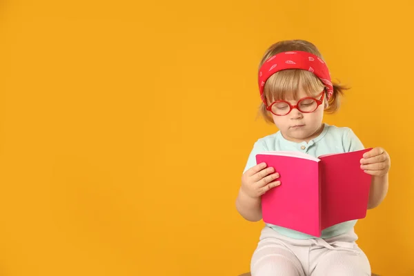 Cute Little Girl Glasses Notebook Orange Background Space Text — Stock Photo, Image