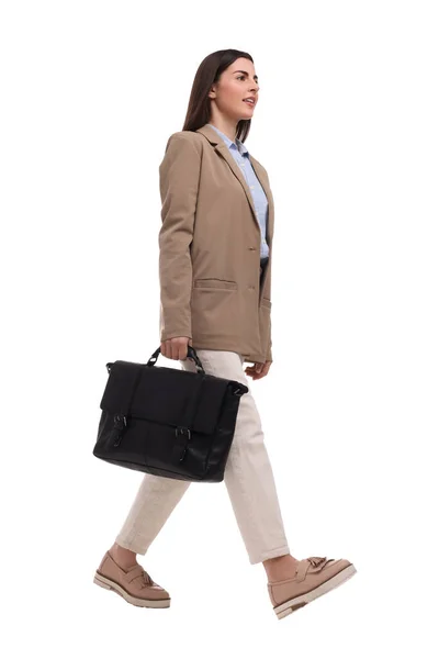 Piękna Bizneswoman Walizką Chodzącą Białym Tle — Zdjęcie stockowe