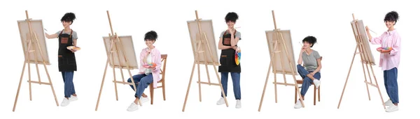 Collage Photos Painter Easel White Background — Stock Photo, Image
