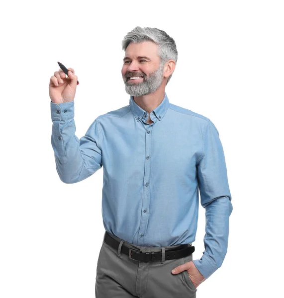 Mature businessman with marker on white background