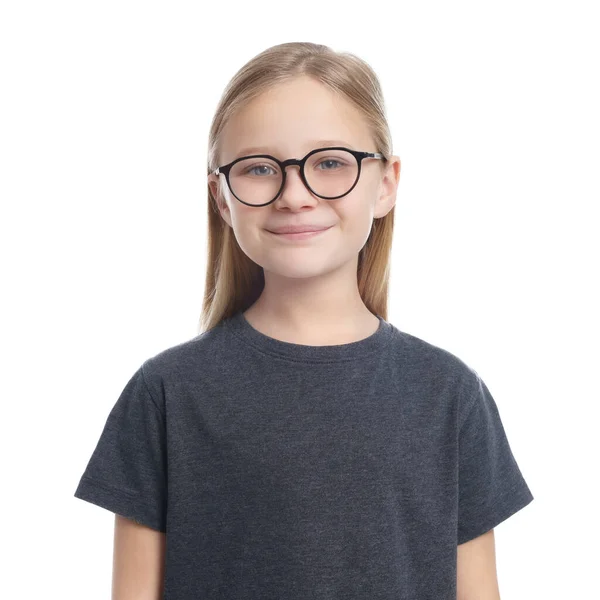 Retrato Menina Bonito Óculos Fundo Branco — Fotografia de Stock