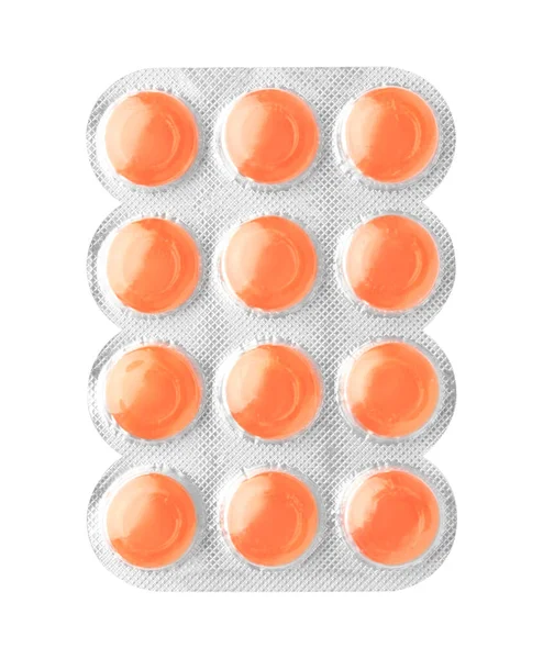 Blistr Oranžovými Kapkami Proti Kašli Izolované Bílém Horní Pohled — Stock fotografie