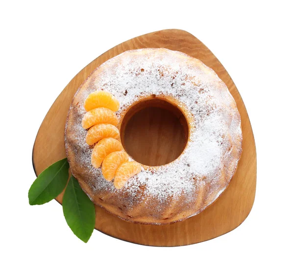 Pastel Yogur Casero Con Mandarinas Azúcar Polvo Hojas Verdes Sobre — Foto de Stock