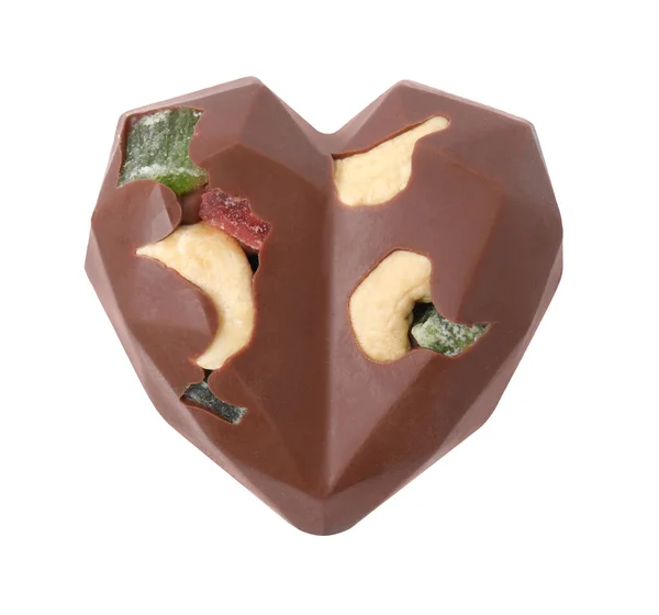 Doce Forma Coração Chocolate Saboroso Com Nozes Fundo Branco Vista — Fotografia de Stock