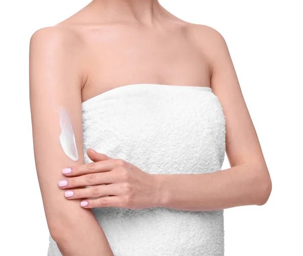 Woman Smear Body Cream Her Arm White Background Closeup — Stock Photo, Image