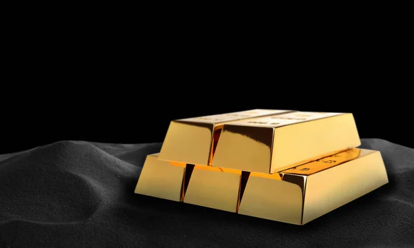 Goldglänzende Balken Auf Schwarzem Sand Platz Für Text — Stockfoto
