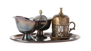 Beautiful vintage tea set on white background