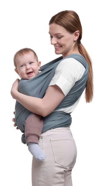 Mãe Segurando Seu Filho Envoltório Bebê Fundo Branco — Fotografia de Stock