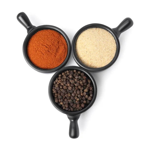Bowls Different Spices White Background Top View — Stock Photo, Image