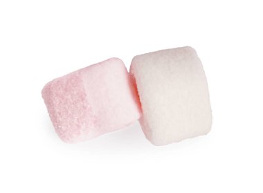 Delicious sweet puffy marshmallows on white background, top view