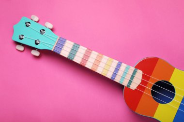 Pembe arka planda renkli ukulele, üst manzara. String müzik aleti