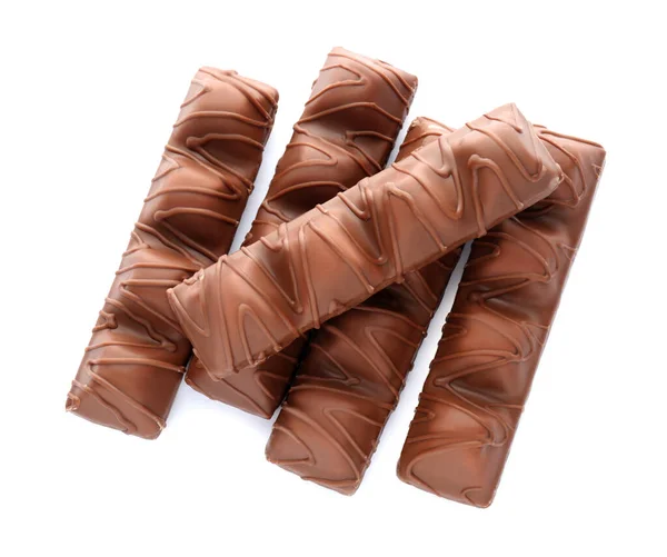 Many Tasty Chocolate Bars Isolated White Top View — Stock Photo, Image