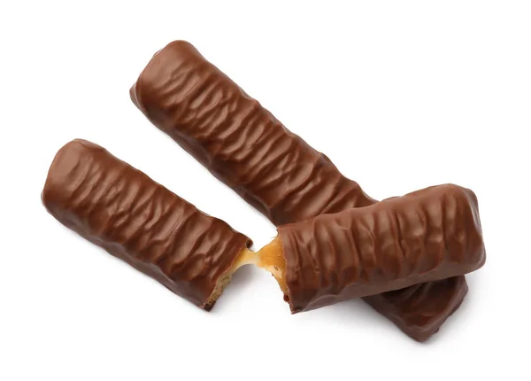 Söt Välsmakande Chokladkakor Med Karamell Vit Bakgrund Ovanifrån — Stockfoto