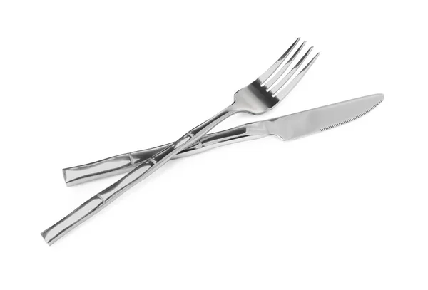 叉子和刀隔离在白色上 时尚闪亮的餐具套装 — 图库照片