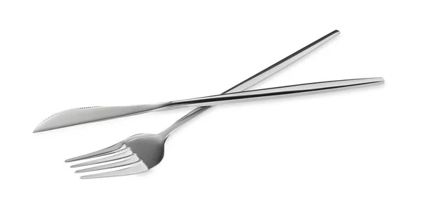 Fork Knife Isolated White Stylish Shiny Cutlery Set — Stock Photo, Image