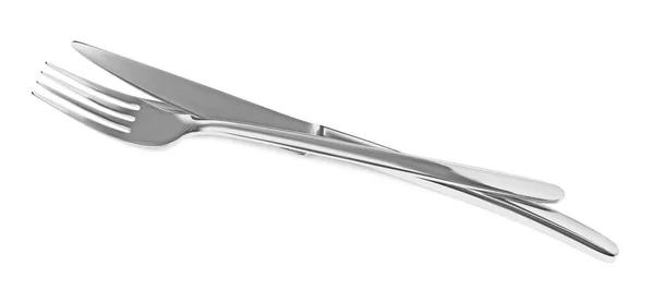 Fork Knife Isolated White Stylish Shiny Cutlery Set — Stok fotoğraf