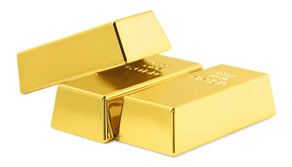 Drei Glänzende Goldbarren Isoliert Auf Weißem Grund — Stockfoto