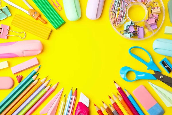 Flat Lay Composition Different School Stationery Yellow Background Space Text — 图库照片