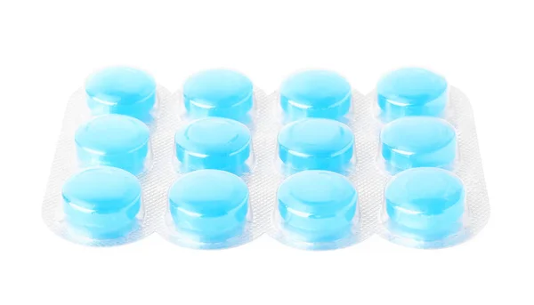 白で隔離された軽い青い咳の滴とブリスター — ストック写真