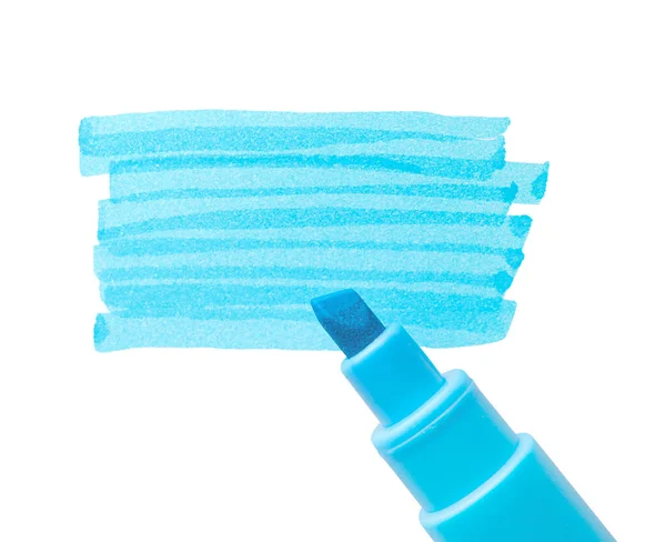 Traços Desenhados Com Marcador Azul Claro Iluminador Fundo Branco Vista — Fotografia de Stock
