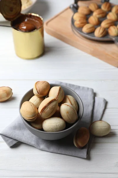 Delicious Walnut Shaped Cookies Condensed Milk White Wooden Table — Stock Photo, Image