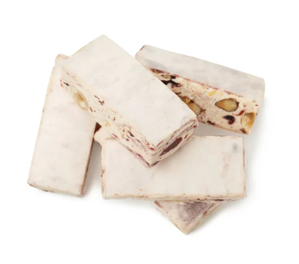 Many Pieces Delicious Nougat White Background Top View — Stock Photo, Image