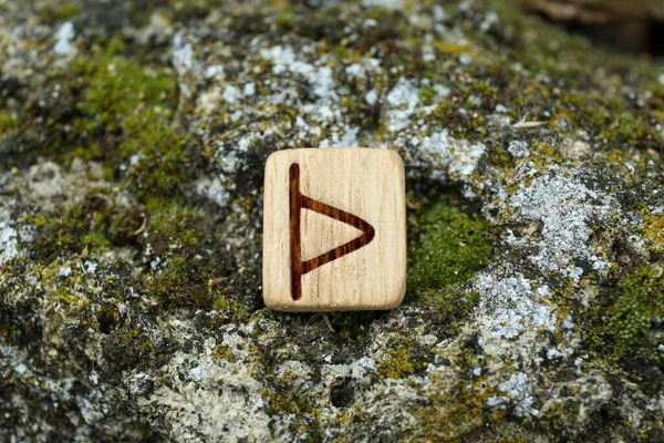 苔を屋外で石の上に木製のルーンTruisaz クローズアップ — ストック写真