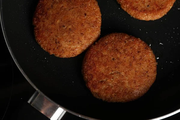 Cooking Vegan Cutlets Frying Pan Top View — Stock Photo, Image