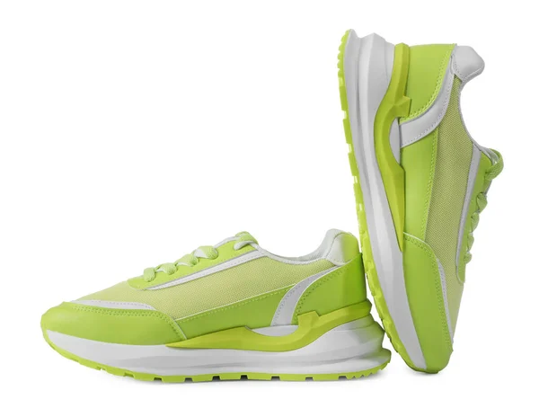 Coppia Eleganti Sneakers Verde Chiaro Sfondo Bianco — Foto Stock
