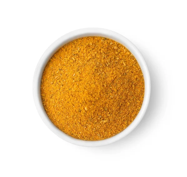 Cuenco Con Polvo Curry Aislado Blanco Vista Superior —  Fotos de Stock