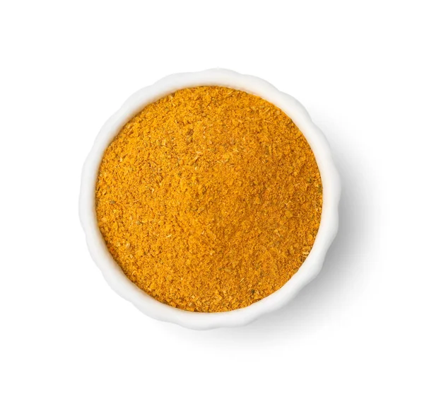 Cuenco Con Polvo Curry Aislado Blanco Vista Superior —  Fotos de Stock