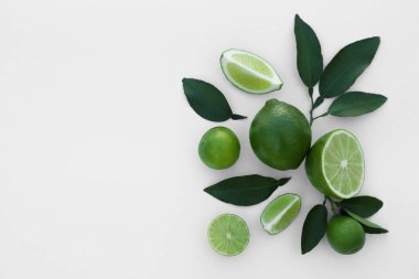 Beyaz arka planda yaprakları olan taze limon dilimleri. Metin için boşluk