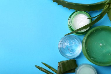 Açık mavi zemin üzerinde aloe ve farklı kozmetik ürünlerle düz kompozisyon. Metin için boşluk