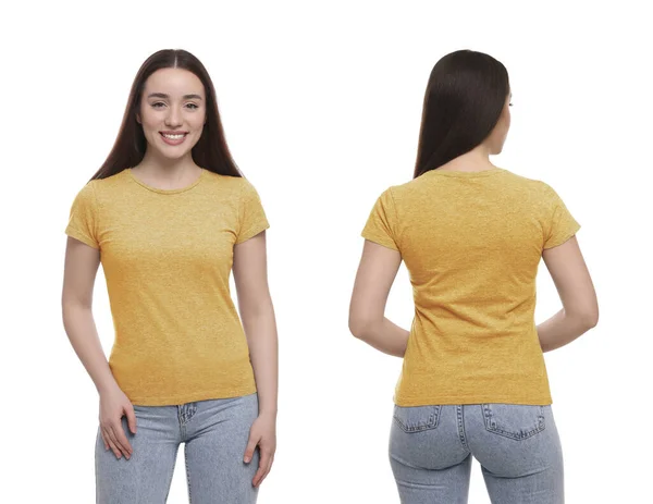 Collage Con Fotos Mujer Camiseta Amarilla Sobre Fondo Blanco Espalda —  Fotos de Stock
