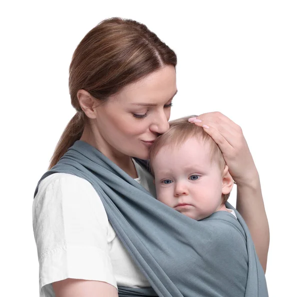 Moeder Houden Haar Kind Baby Wrap Witte Achtergrond — Stockfoto