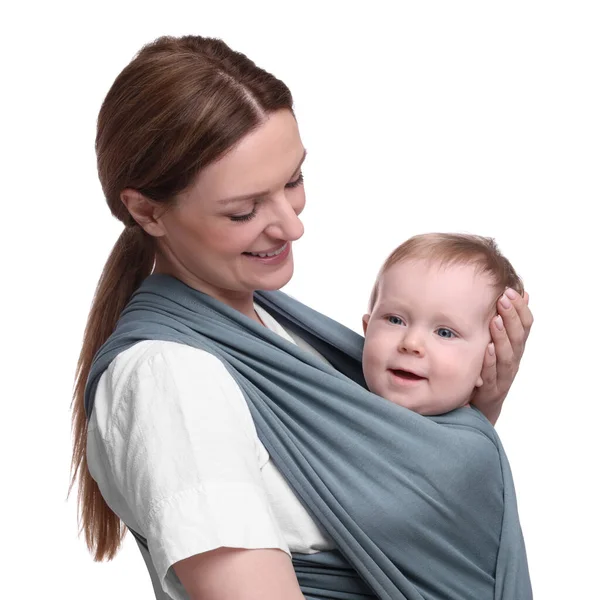 Moeder Houden Haar Kind Baby Wrap Witte Achtergrond — Stockfoto